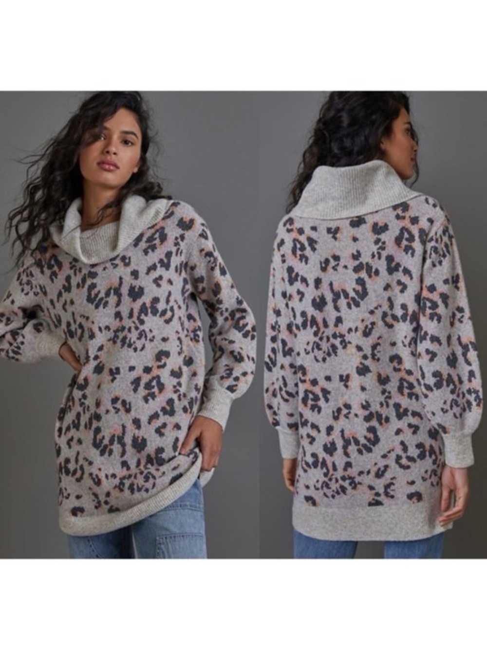 Anthropologie Emmy Cowl Neck Leopard Print‎ Tunic Sweater Size Small